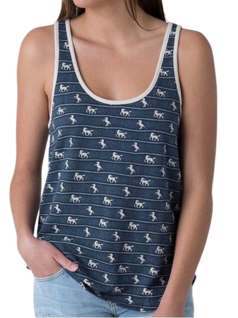Obey 100% Cotton Blue & Cream Stripe Horse Print Scoop Neck Tank Top Size Small